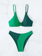 Grüner Bikini-Set Damen, Push-Up, hoher Bund, Badeanzug, geripptes Material, modisch.