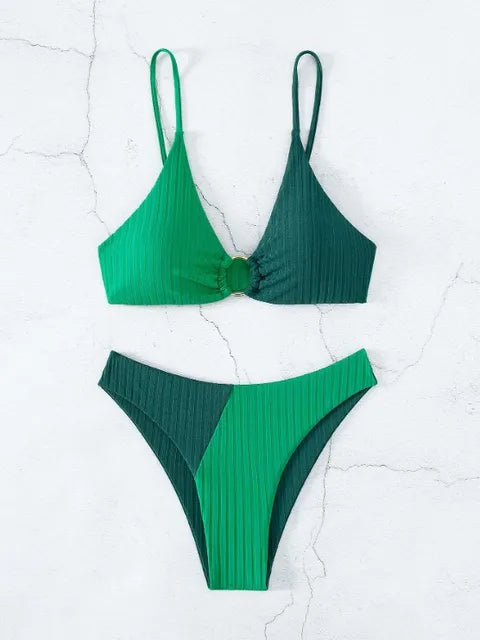 Grüner Bikini-Set Damen, Push-Up, hoher Bund, Badeanzug, geripptes Material, modisch.