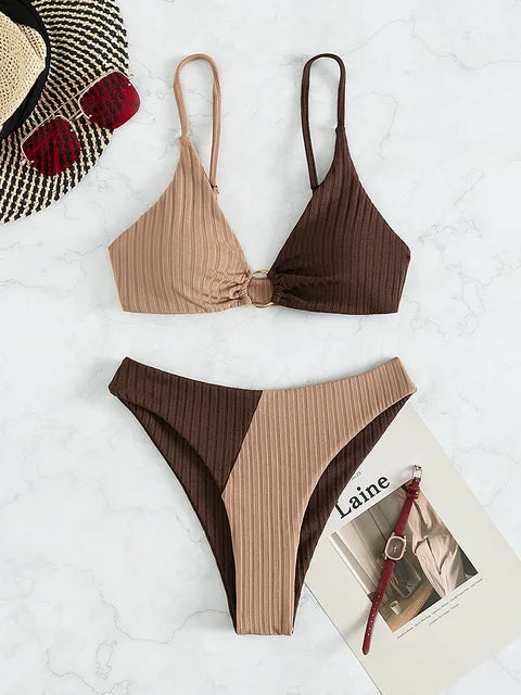 Zweiteiliger Bikini Damen, Push-Up, hohe Taille, braun-beige, gerippt, modisch, Sommermode.
