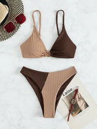 Zweiteiliger Bikini Damen, Push-Up, hohe Taille, braun-beige, gerippt, Bademode 2024.