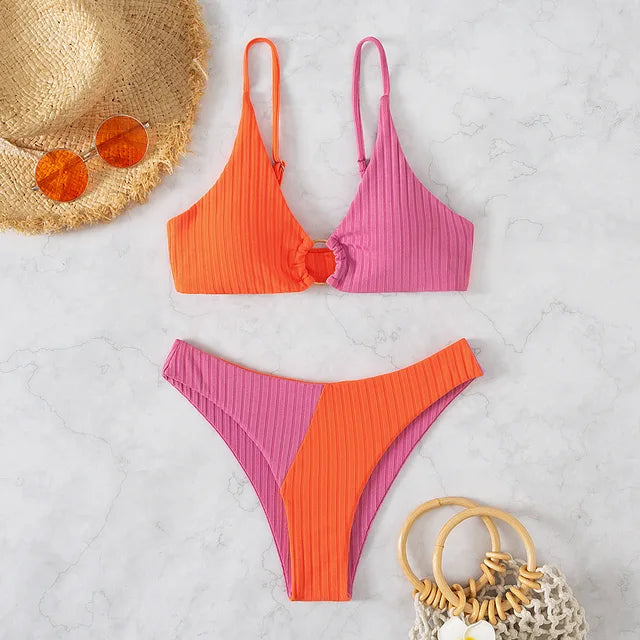 Bunter Bikini-Set für Damen, Push-Up, hohe Taille, orange und pink, Sommer-Bademode.