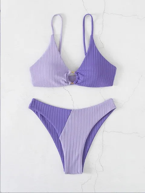 Lila Bikini-Set Damen, Push-Up, hohe Taille, gerippt, Bademode, 2024 Kollektion.