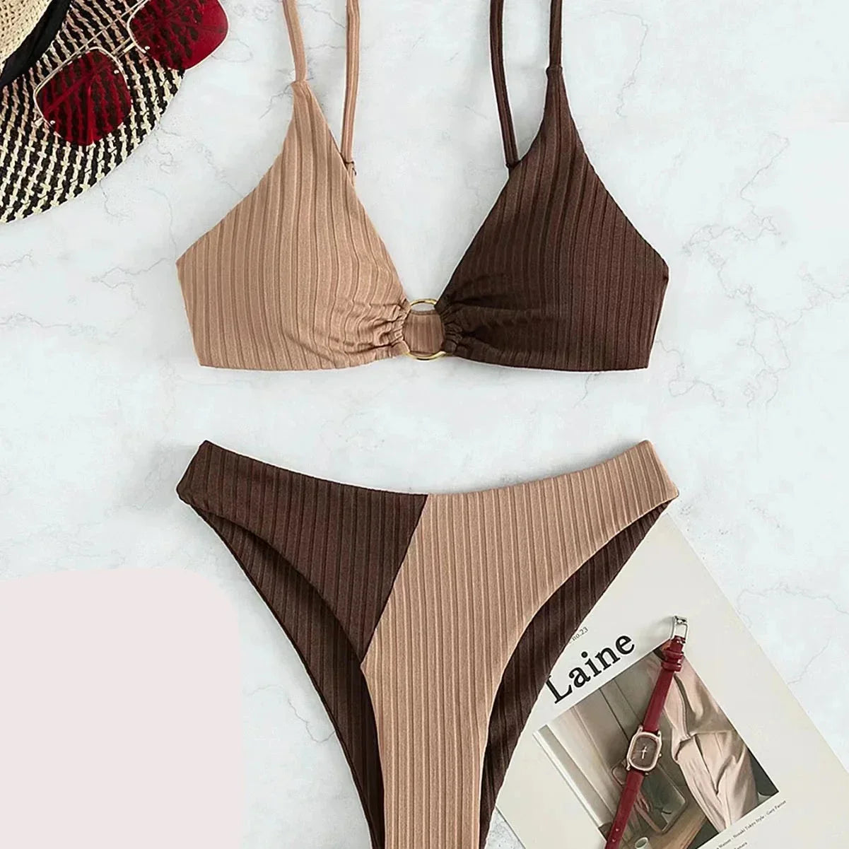 Zweiteiliger Bikini Damen, Push-Up, hohe Taille, braun-beige, gestreift, Bademode 2024.
