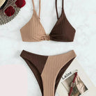 Zweiteiliger Bikini Damen, Push-Up, hohe Taille, braun-beige, gestreift, Bademode 2024.