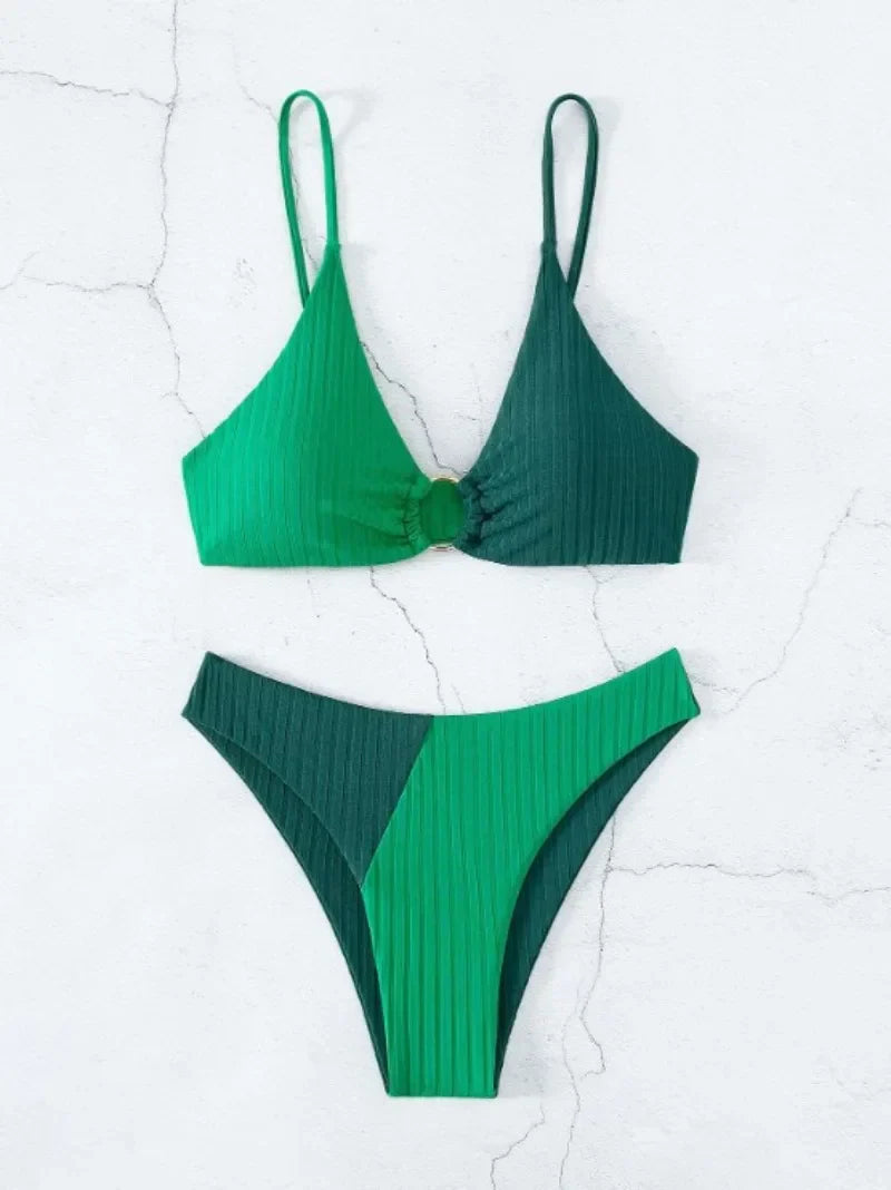 Grüner Bikini Damen, Push-Up, High Waist, Badeanzug, Rippstoff, modisch, Sommermode.