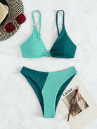 Zweiteiliger Bikini Damen, türkis und dunkelgrün, Push-Up, hoch tailliert, modisch, Sommermode.