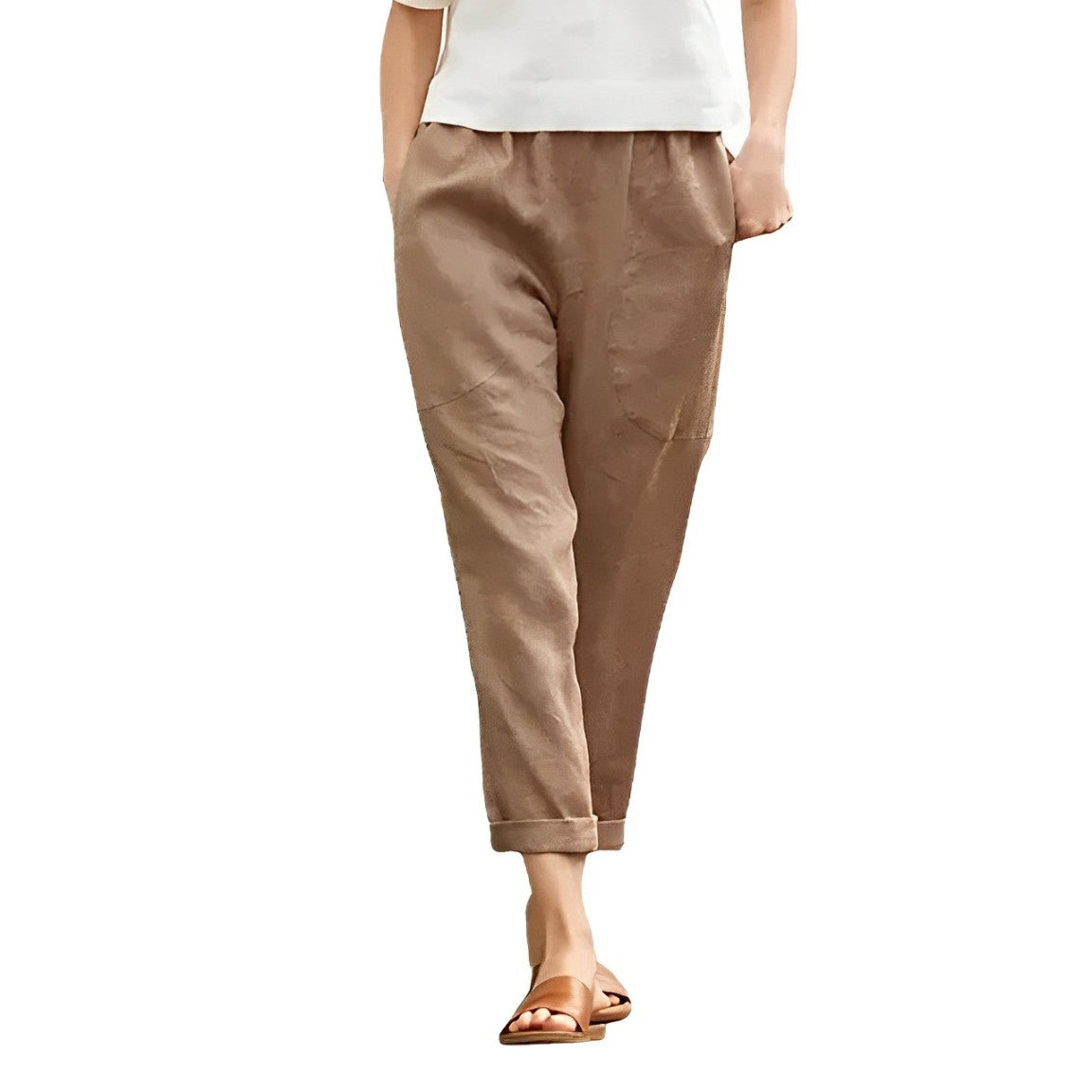 Damenhose aus Baumwolle-Leinen, oversized, schwarz, elastischer Bund, Taschen, lässig, Frühling 2024. Ideal für bequeme Alltagslooks.