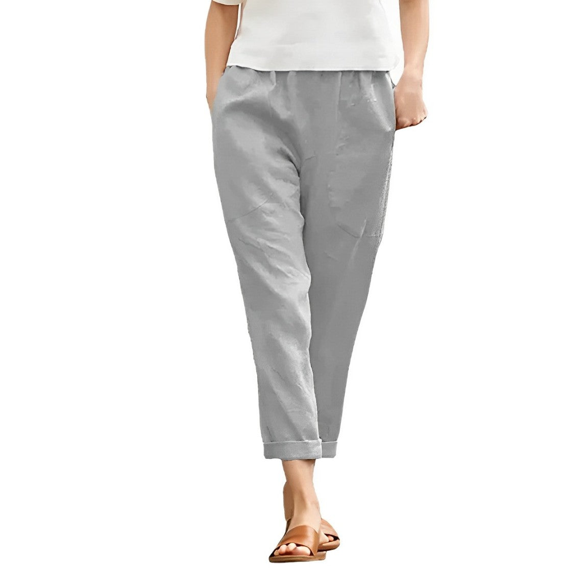 Damenhose aus Baumwolle-Leinen, schwarz, übergroß, elastischer Bund, Taschen, lässiger Stil, ideal für Frühling 2024, bequem und modisch.