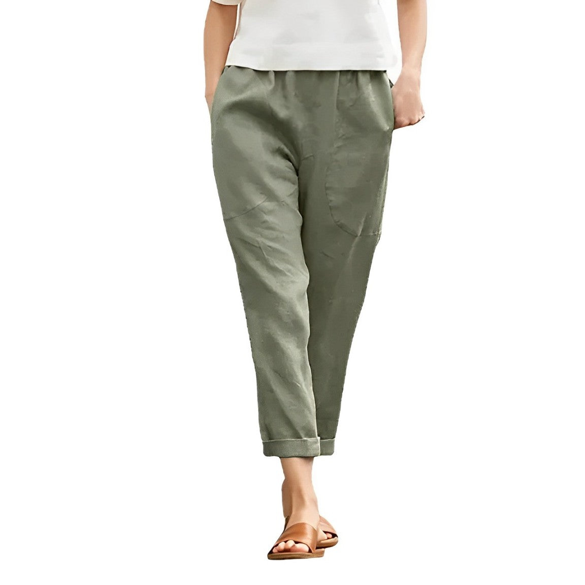 Damenhose aus Baumwolle-Leinen, übergroß, schwarz, elastischer Bund, Taschen, lässig, Frühling 2024. Ideal für bequeme Alltagslooks.