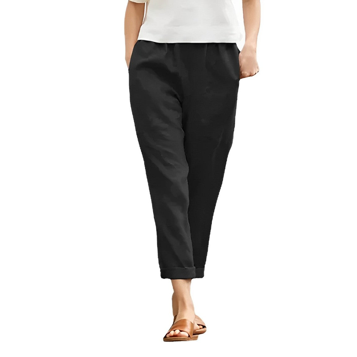 Schwarze Damenhose aus Baumwolle-Leinen, oversized, mit elastischem Bund und Taschen. Perfekt für lässige Frühlingsoutfits.