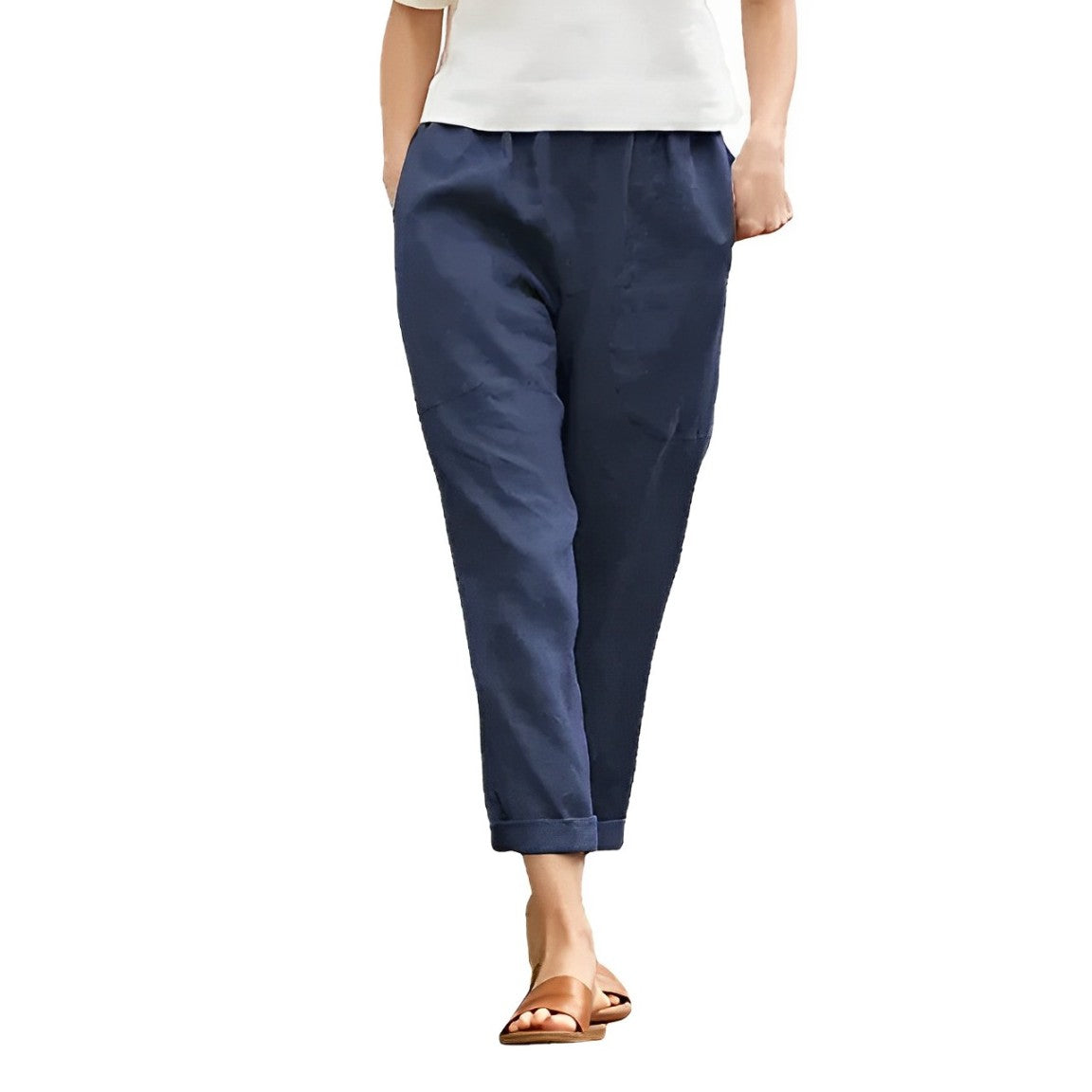 Damenhose aus Baumwolle-Leinen, schwarz, elastischer Bund, Taschen, lässig, übergroß. Perfekt für Frühling 2024. Bequem und stilvoll.