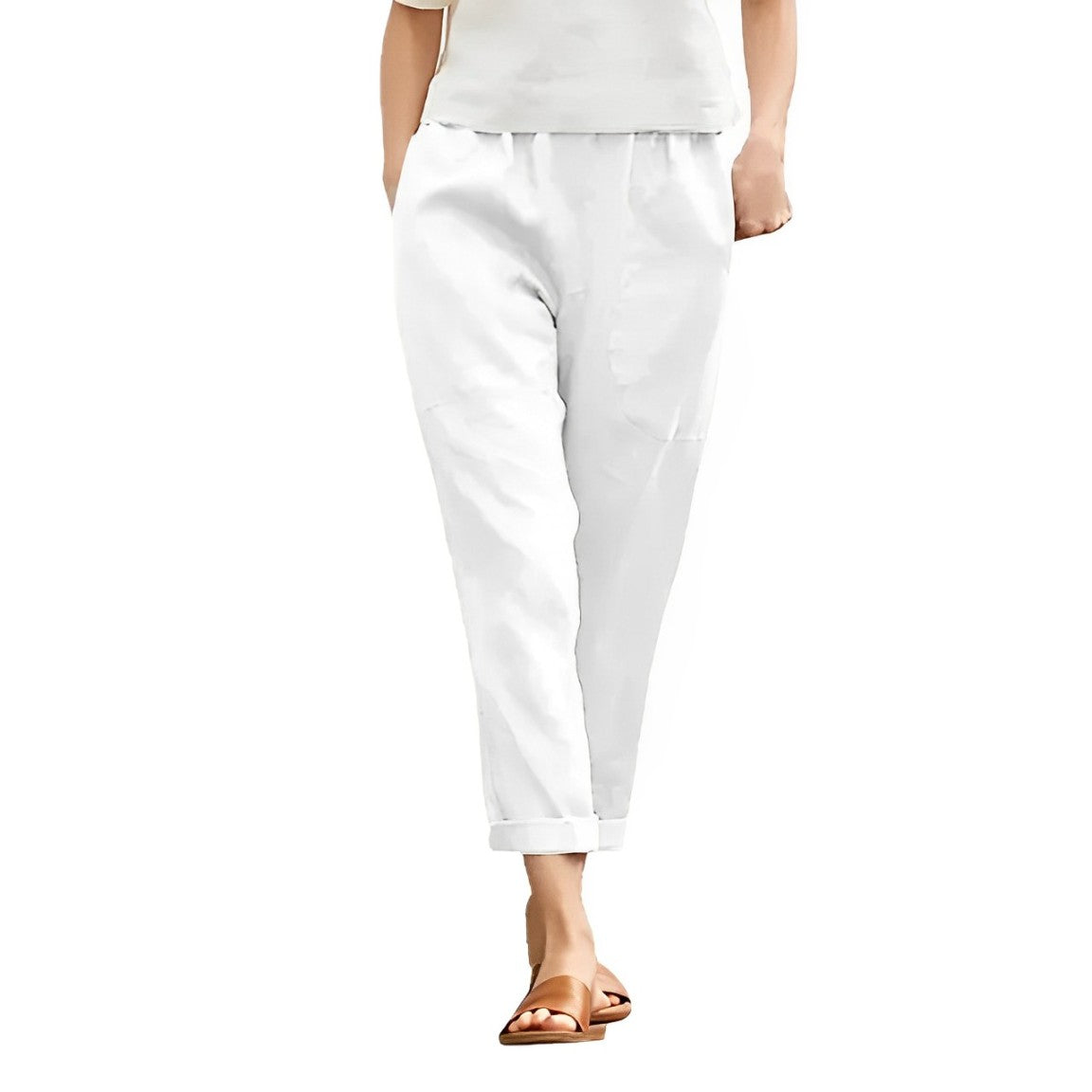 Damenhose aus Baumwolle-Leinen, schwarz, übergroß, elastischer Bund, Taschen, lässig. Perfekt für Frühling 2024. Bequem und stilvoll.