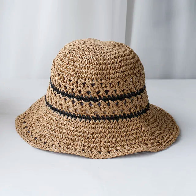 Damen Strohhut, gehäkelt, mit UV-Schutz, ideal für Sommer und Strand. Modischer Fischerhut mit Streifenmuster, perfekter Sonnenschutz.