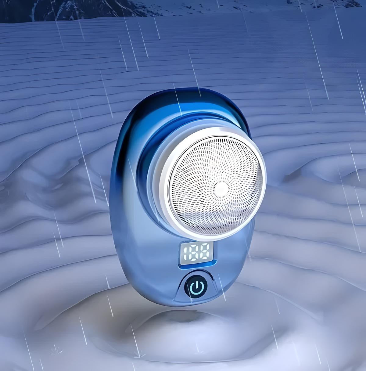 Blauer elektrischer Rasierer im Regen, kabellos, wasserdicht, LED-Anzeige, ergonomisches Design.