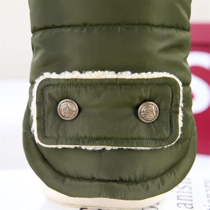 Grüne Winterjacke für Hunde mit Knopfleiste und weichem Futter. Perfekt für kalte Tage. Hundebekleidung, warm, stilvoll, funktional.