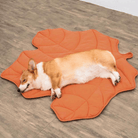 Corgi schläft auf orangefarbenem, blattförmigem Haustierbett auf Holzboden.