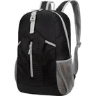 Schwarzer Rucksack mit grauen Akzenten, Reißverschluss, Netzseitentaschen, ideal für Reisen.