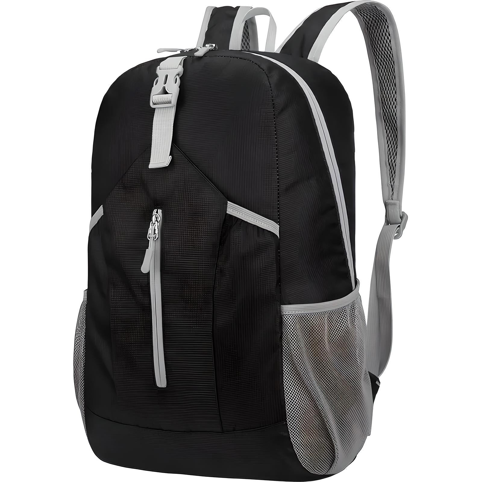 Schwarzer Rucksack mit grauen Akzenten, Reißverschluss, Netzseitentaschen, ideal für Reisen.