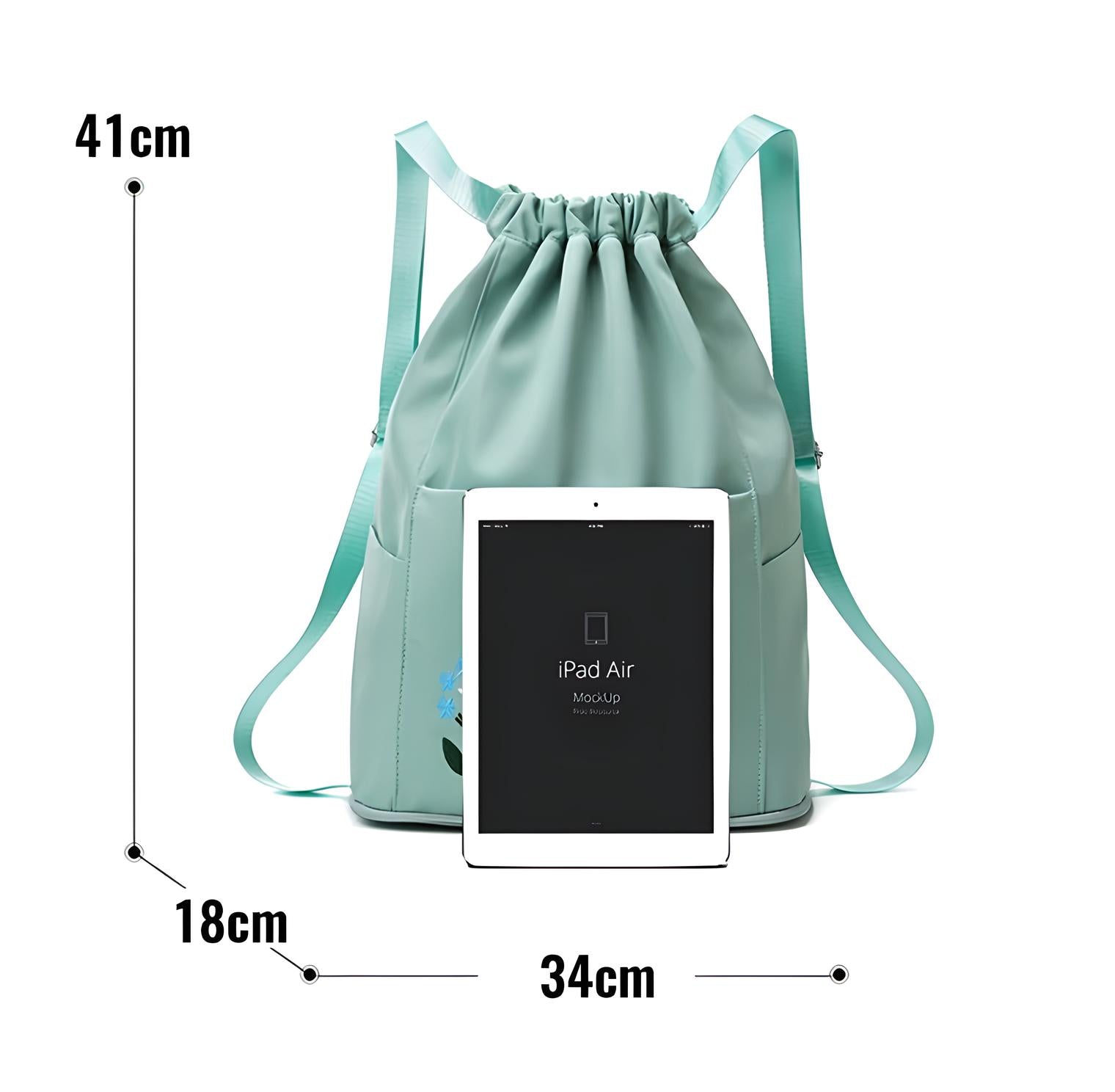 Grüner Turnbeutel mit iPad Air, Maße: 41cm x 34cm x 18cm, ideal für Schule und Freizeit.