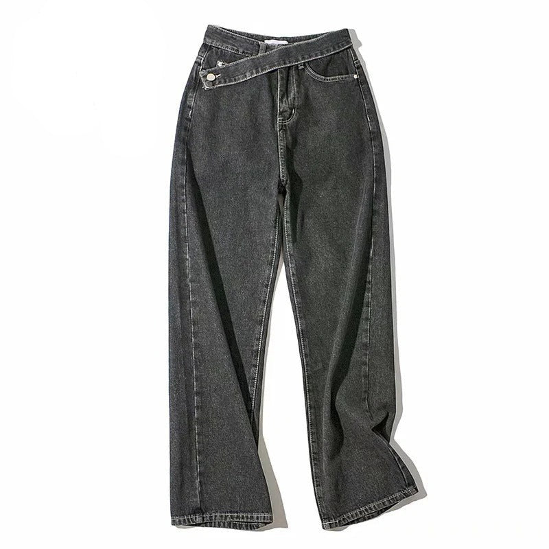 Damen-Jeans mit weitem Bein, hoher Taille und asymmetrischem Bund in Schwarz. Modetrend, bequem, vielseitig, ideal für lässige Outfits.