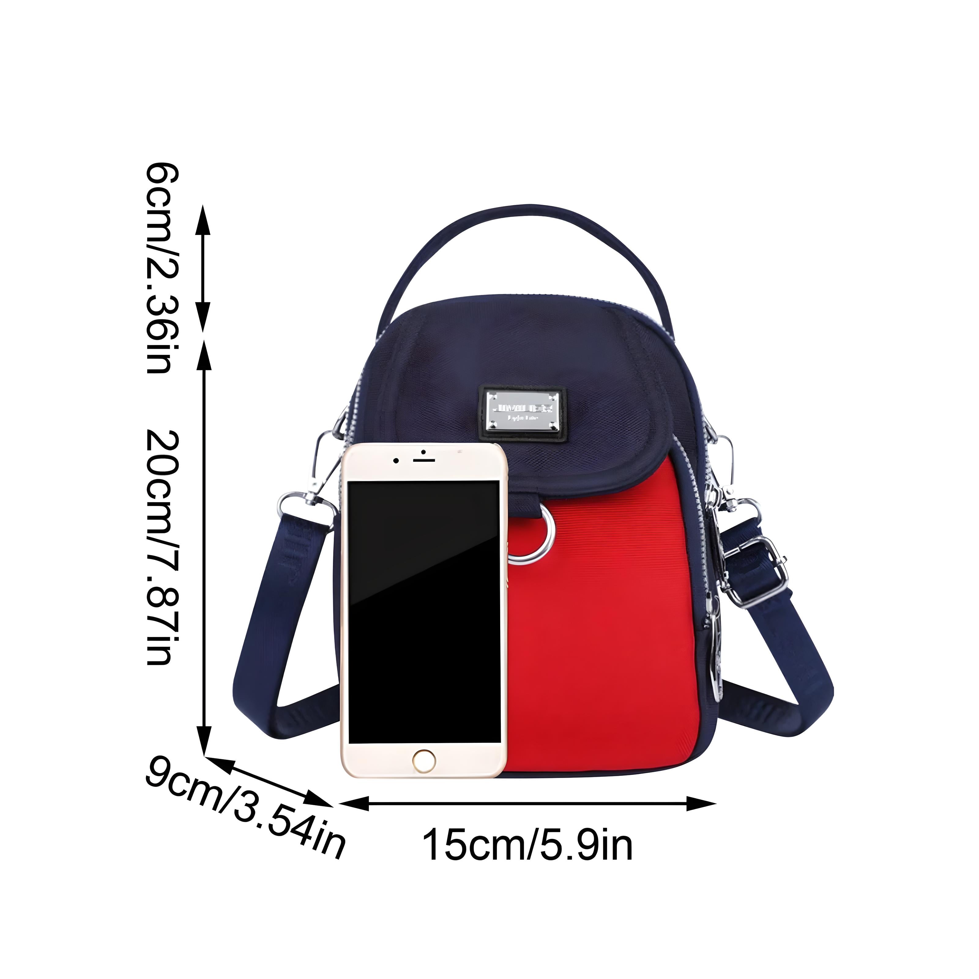 Kleine rote und schwarze Umhängetasche mit Smartphone, verstellbarem Gurt, modisch und praktisch.