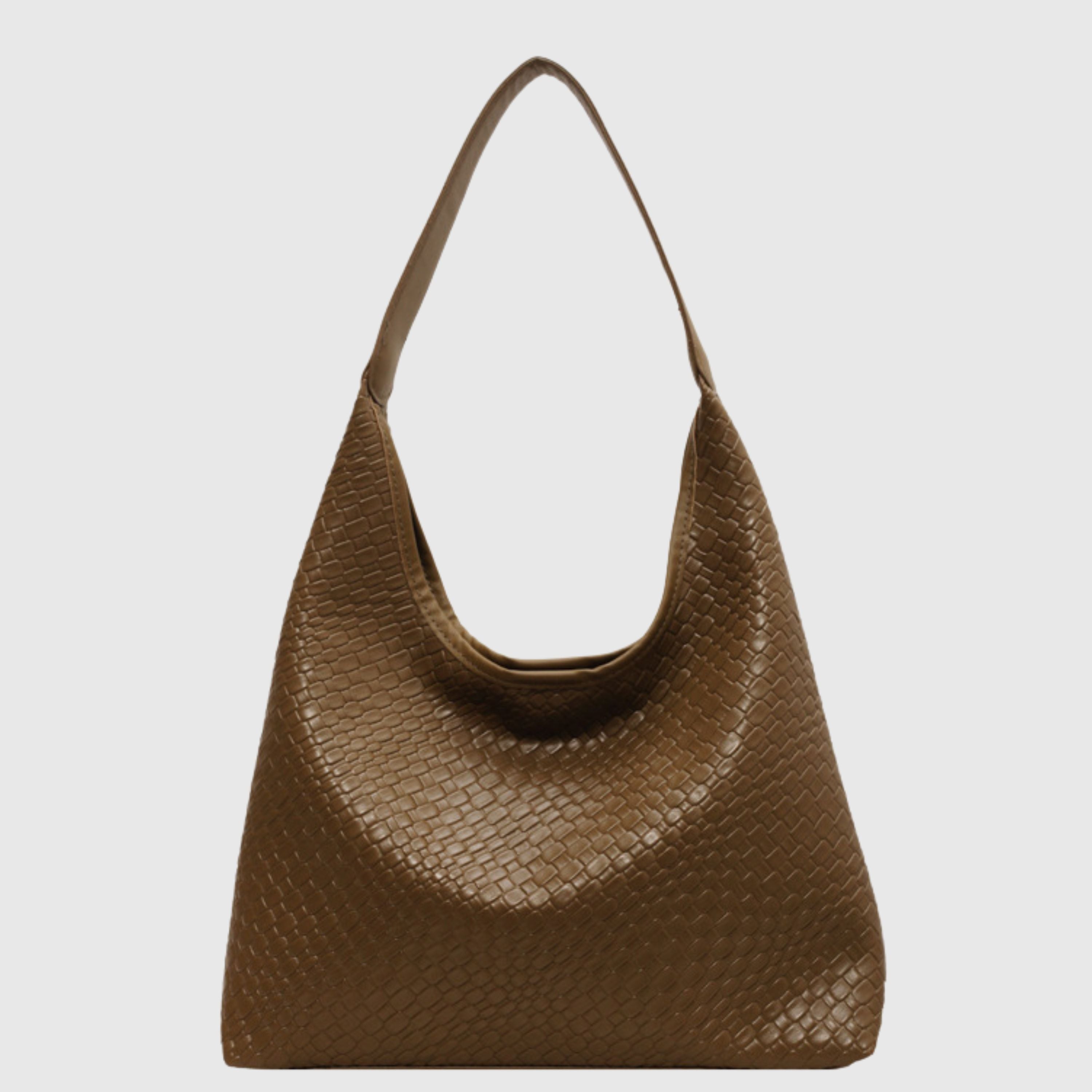 Braune Damenhandtasche aus Leder mit geflochtenem Muster, modisch und elegant. Perfekt für den Alltag oder besondere Anlässe.