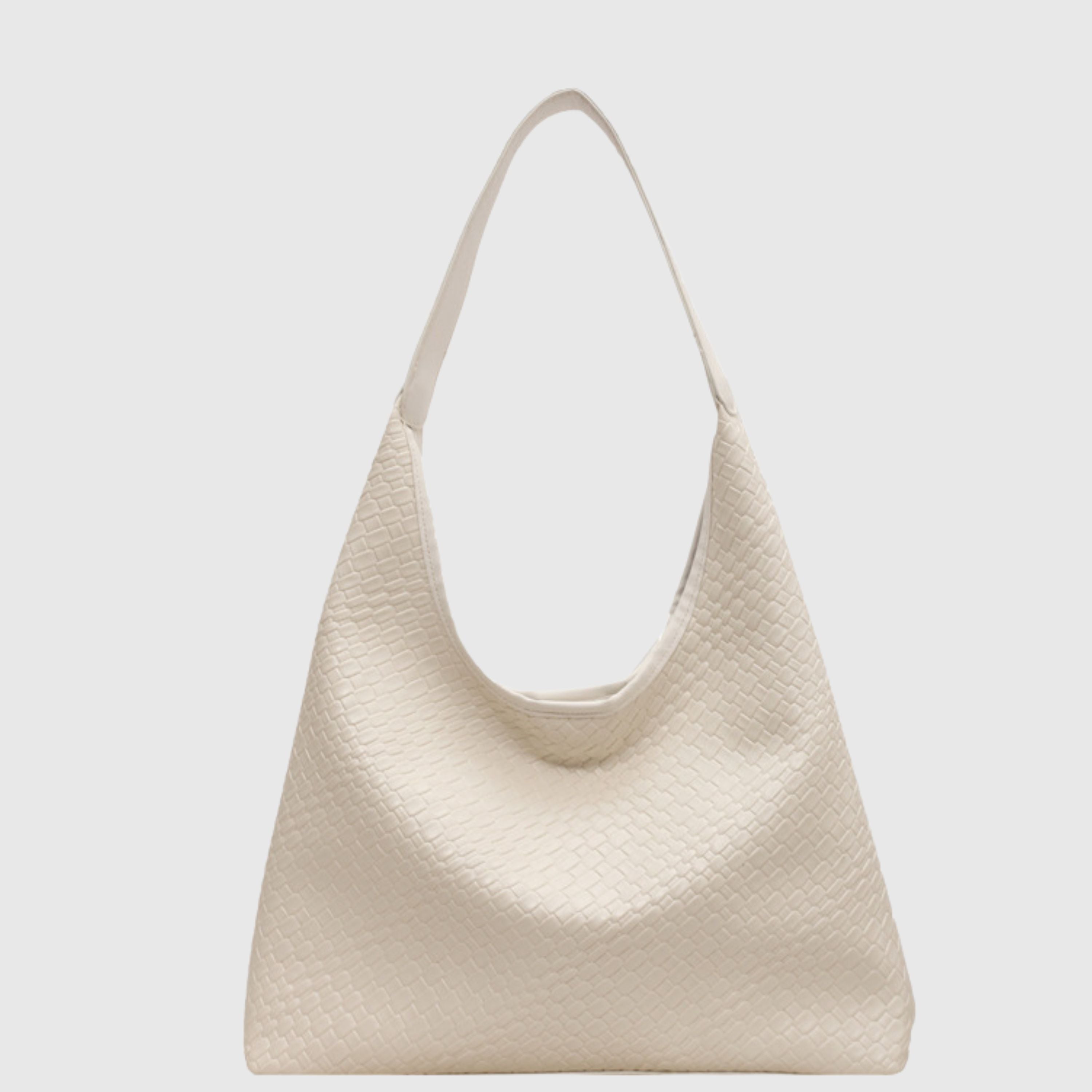 Elegante weiße Damenhandtasche aus Leder mit gewebtem Muster, ideal für stilvolle Anlässe. Perfekte Accessoire für Modebewusste.