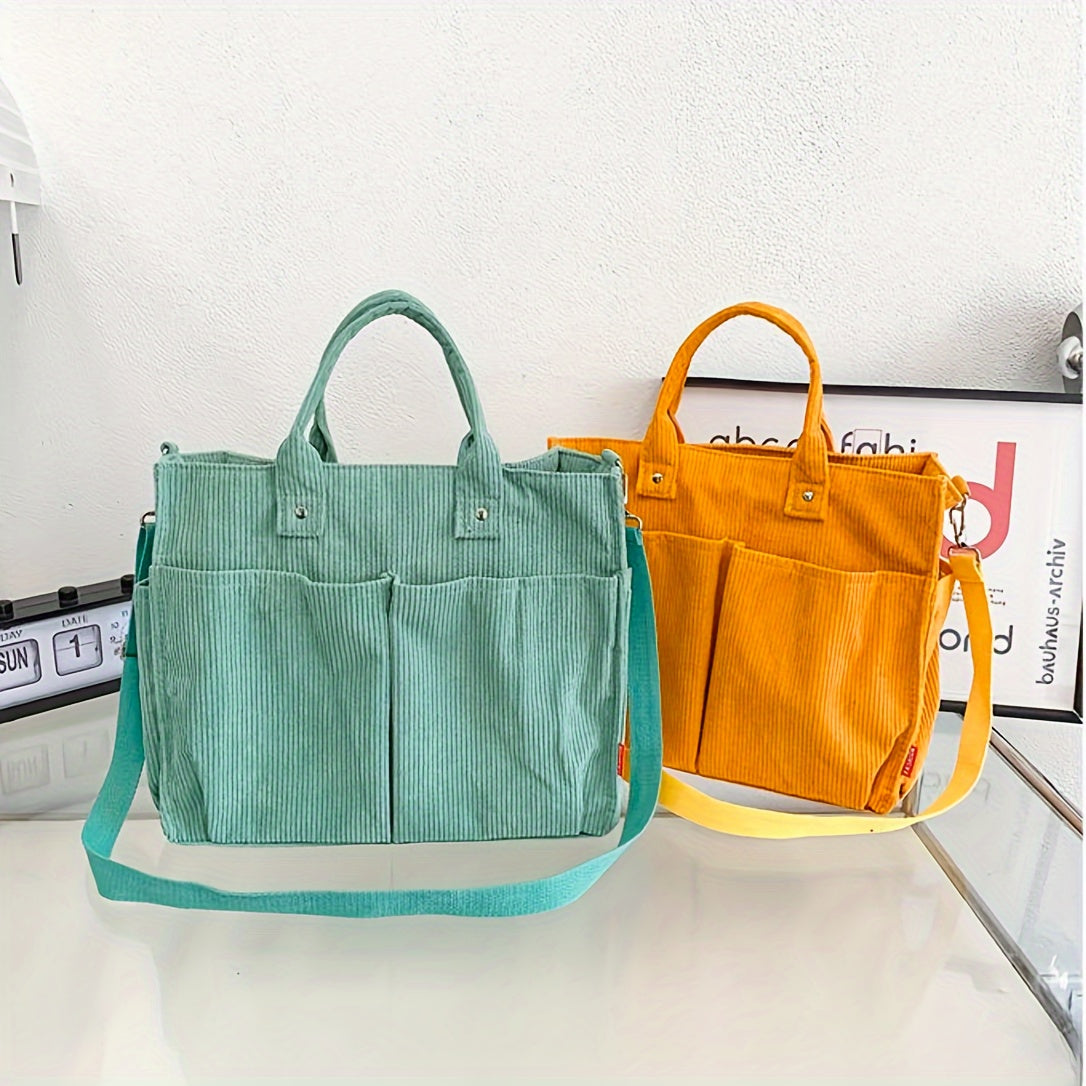 Zwei Cord-Taschen in Grün und Gelb mit Tragegriffen und Schulterriemen, ideal für den Alltag. Modische Handtaschen, vielseitig und stilvoll.