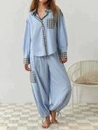 Damen-Pyjama-Set, kariert, langärmelig, Knopfverschluss, elastische Taille, bequem, modisch, Nachtwäsche, Baumwolle, blau, gestreift.