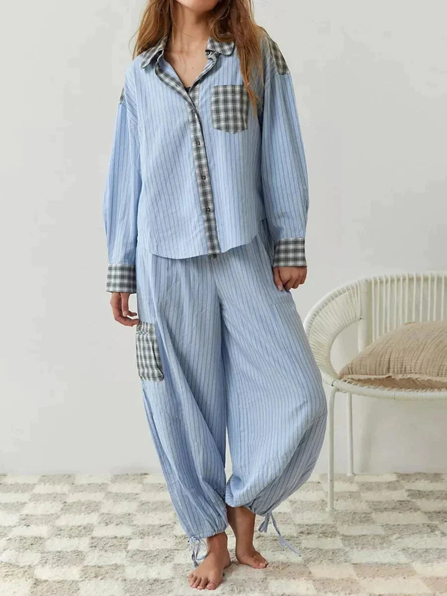 Damen-Pyjama-Set, kariert, langärmelig, Knopfverschluss, elastische Taille, bequem, modisch, Nachtwäsche, Baumwolle, blau, gestreift.