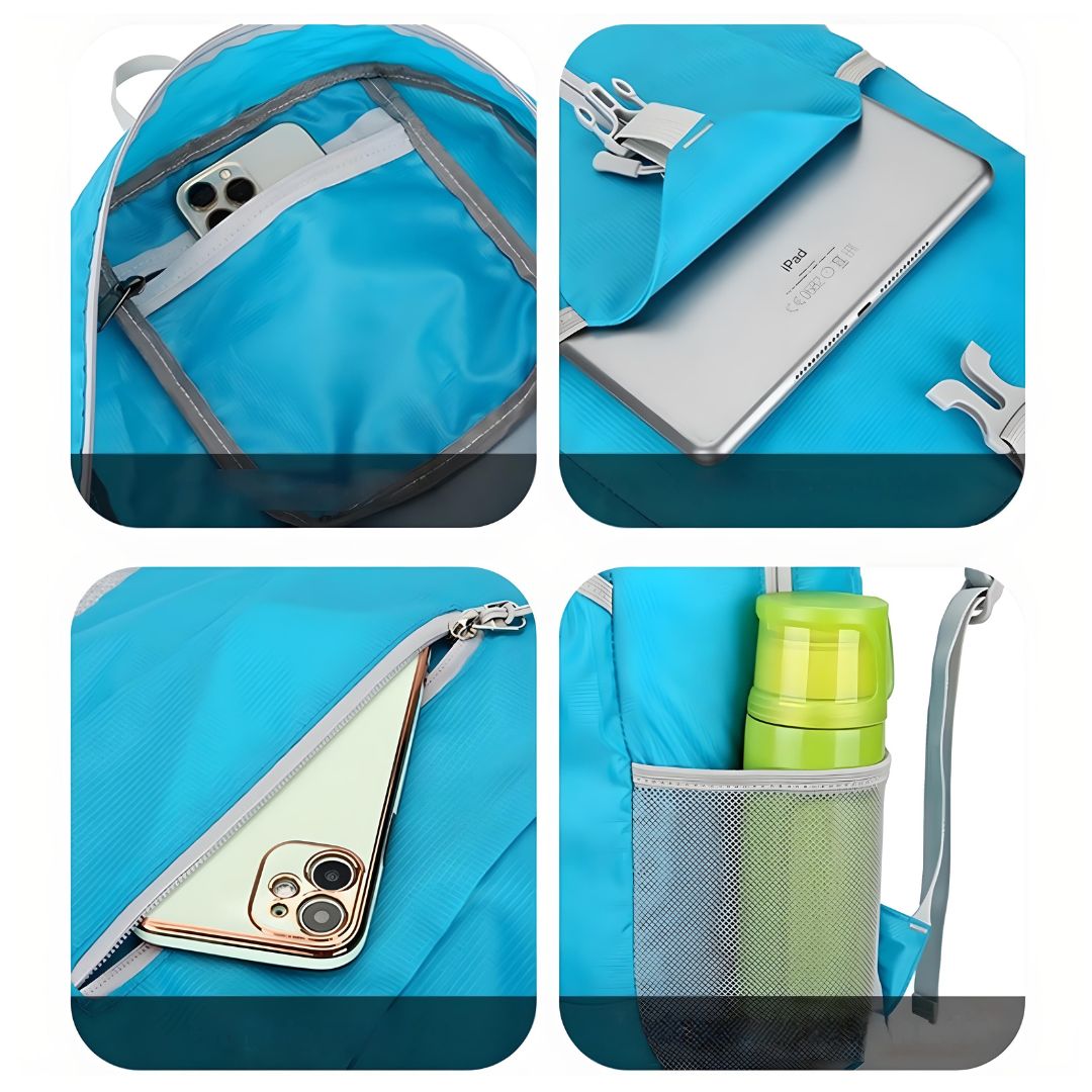 Blauer Rucksack mit Fächern für Smartphone, Tablet, Flasche; ideal für Reisen und Alltag.