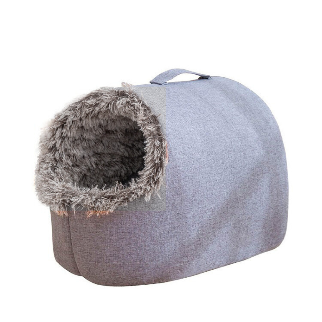 Kuschelige Katzenhöhle aus grauem Stoff mit weichem Plüsch-Innenfutter, ideal für Haustiere. Perfekte Rückzugsmöglichkeit für Katzen.