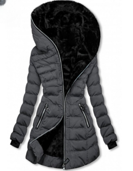 Damen Winterjacke mit Kapuze, schwarz, gefüttert, Reißverschluss, tailliert, warm, modisch, ideal für kalte Tage, stilvoller Look.