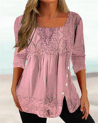 Damen Bluse rosa Spitze, langärmlig, quadratischer Ausschnitt, elegant, Freizeitmode.