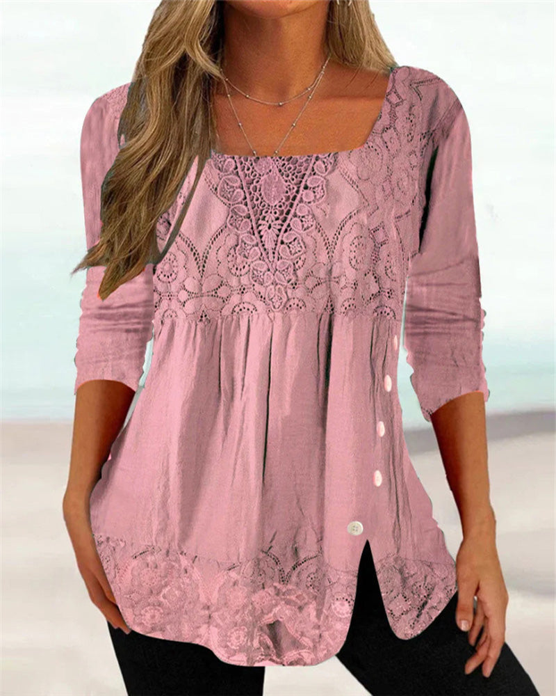 Damen Bluse rosa Spitze, langärmlig, quadratischer Ausschnitt, elegant, Freizeitmode.