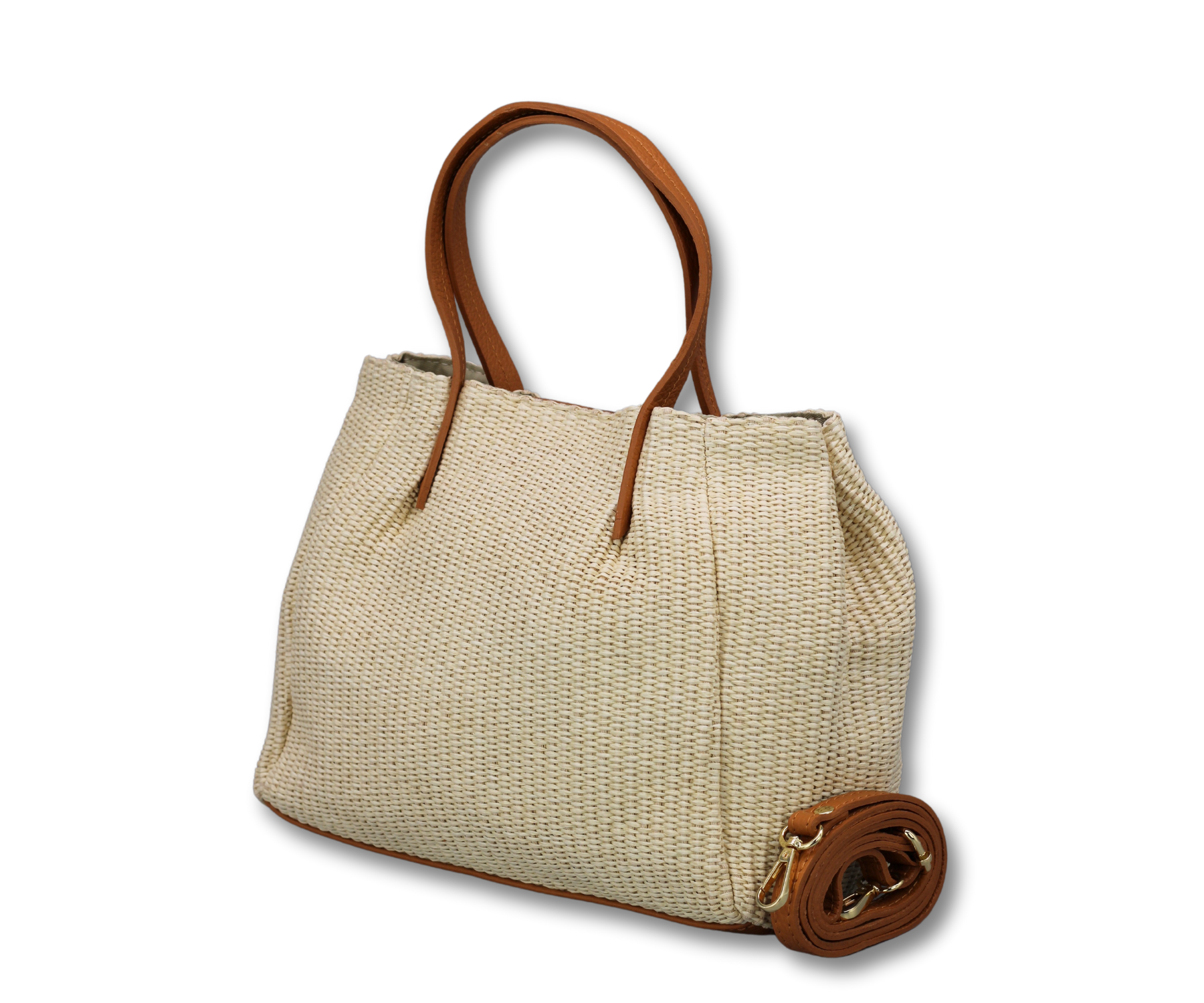 Elegante Damenhandtasche aus beigem Strohgeflecht mit braunen Ledergriffen und abnehmbarem Schulterriemen. Perfekt für Sommer und Alltag.
