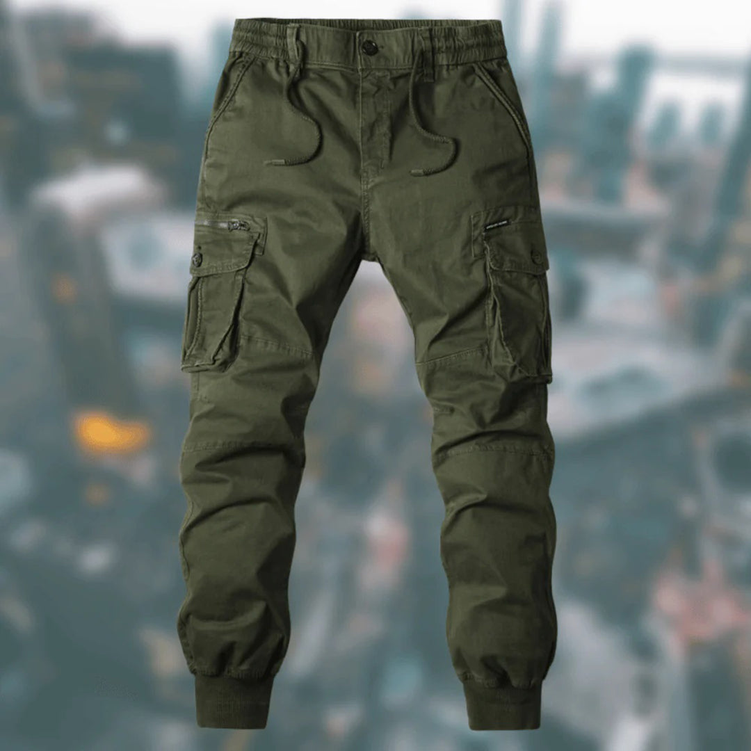 Olivgrüne Cargo-Hose, Herren, Baumwolle, Taschen, urbaner Stil, Freizeitmode.