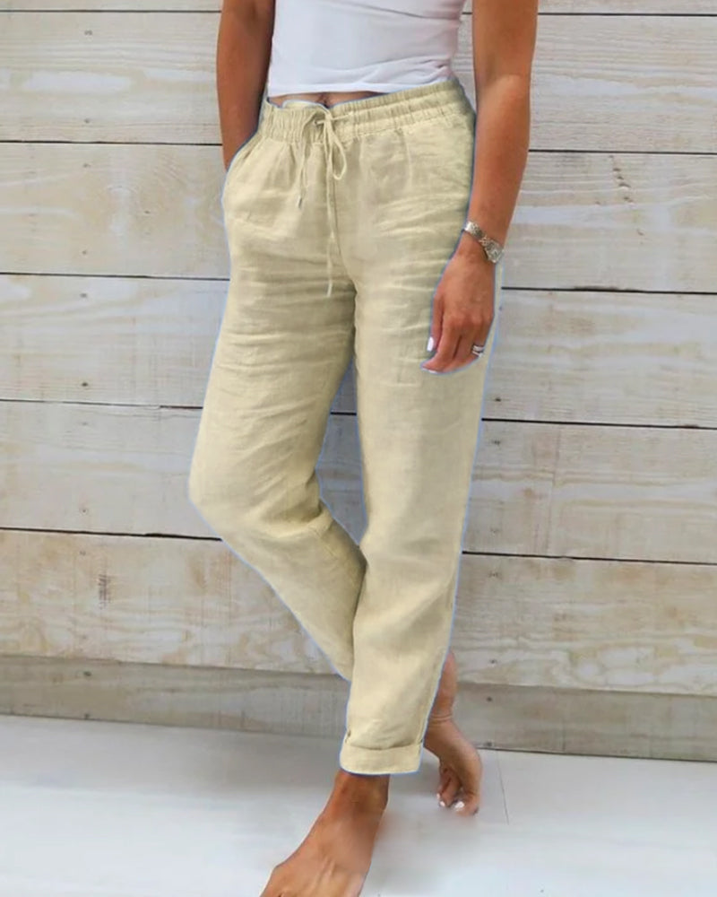 Damen Leinenhose beige, lässig, elastischer Bund, Sommermode, bequem, Freizeitkleidung.
