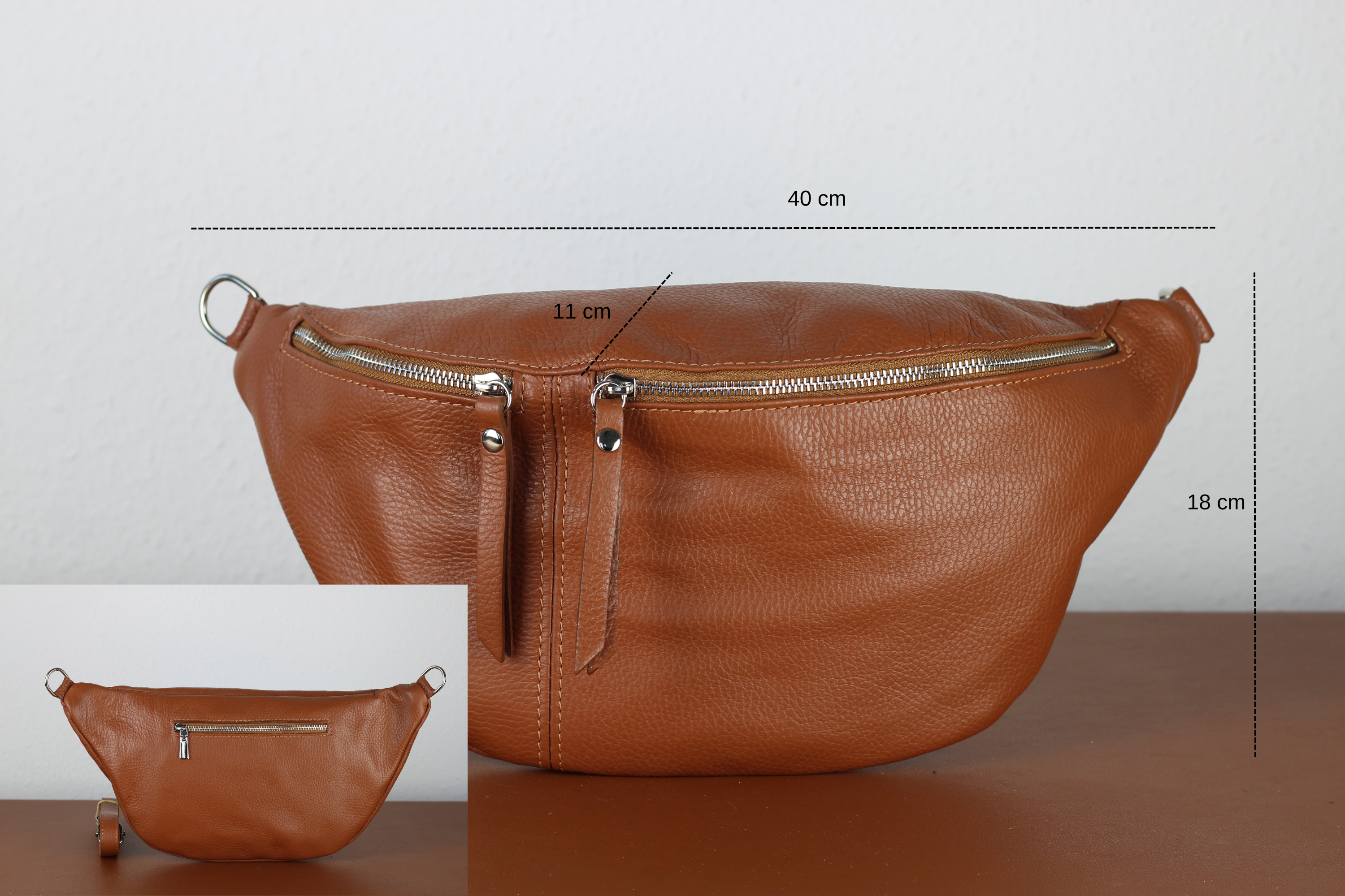 Braune Leder-Bauchtasche mit Reißverschluss, 40 cm breit, 18 cm hoch. Stilvolle Gürteltasche, ideal für Reisen und Alltag.