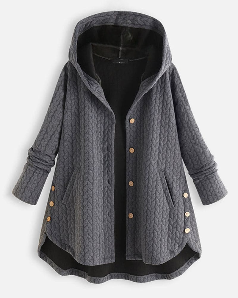 Graue Damenjacke mit Kapuze, Knopfleiste und Taschen. Modischer Strick-Look, ideal für Herbst und Winter. Bequeme, warme Oberbekleidung.