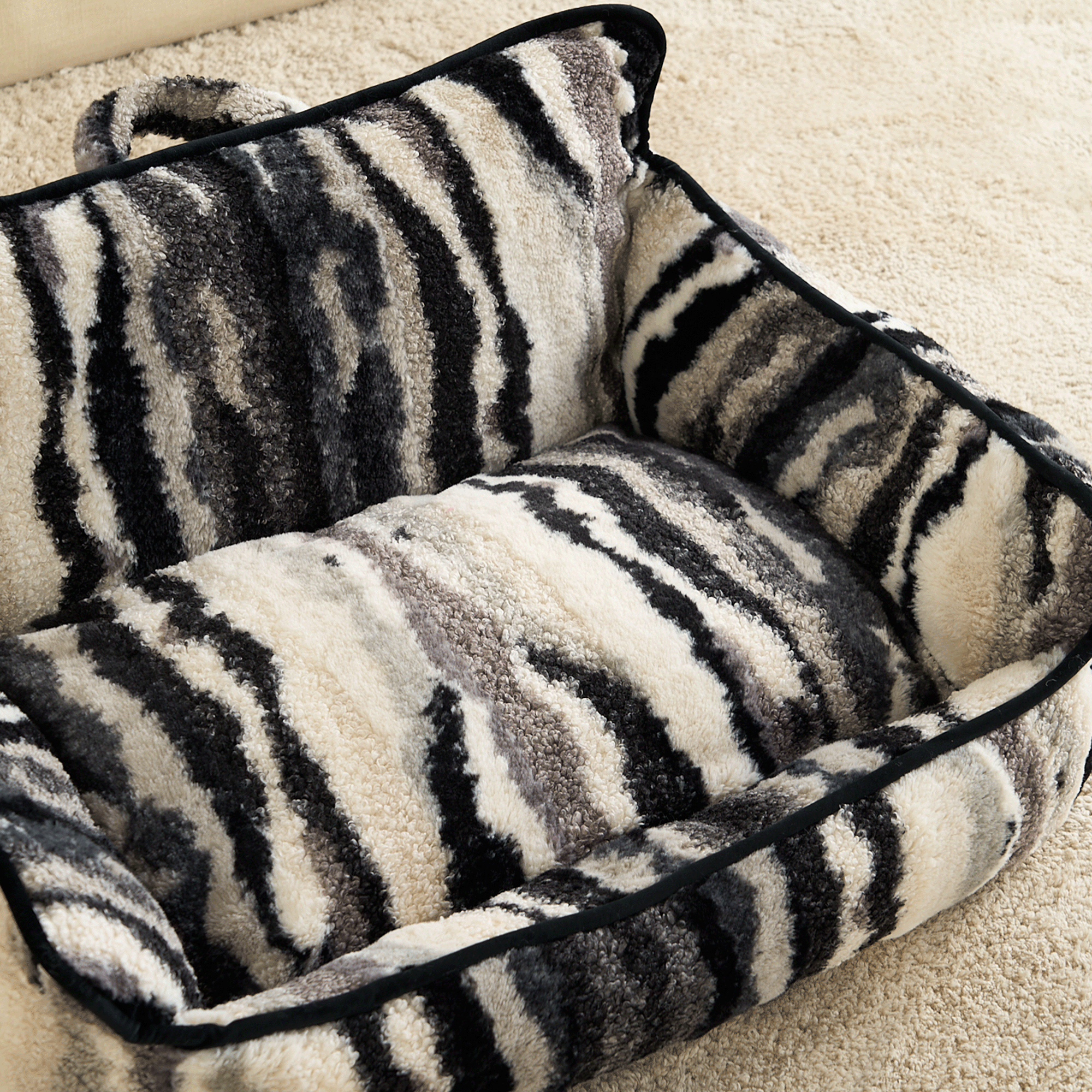Zebra-Muster Haustier-Sofa, flauschig, schwarz-weiß, gemütliches Hundebett, Wohnzimmer Deko.