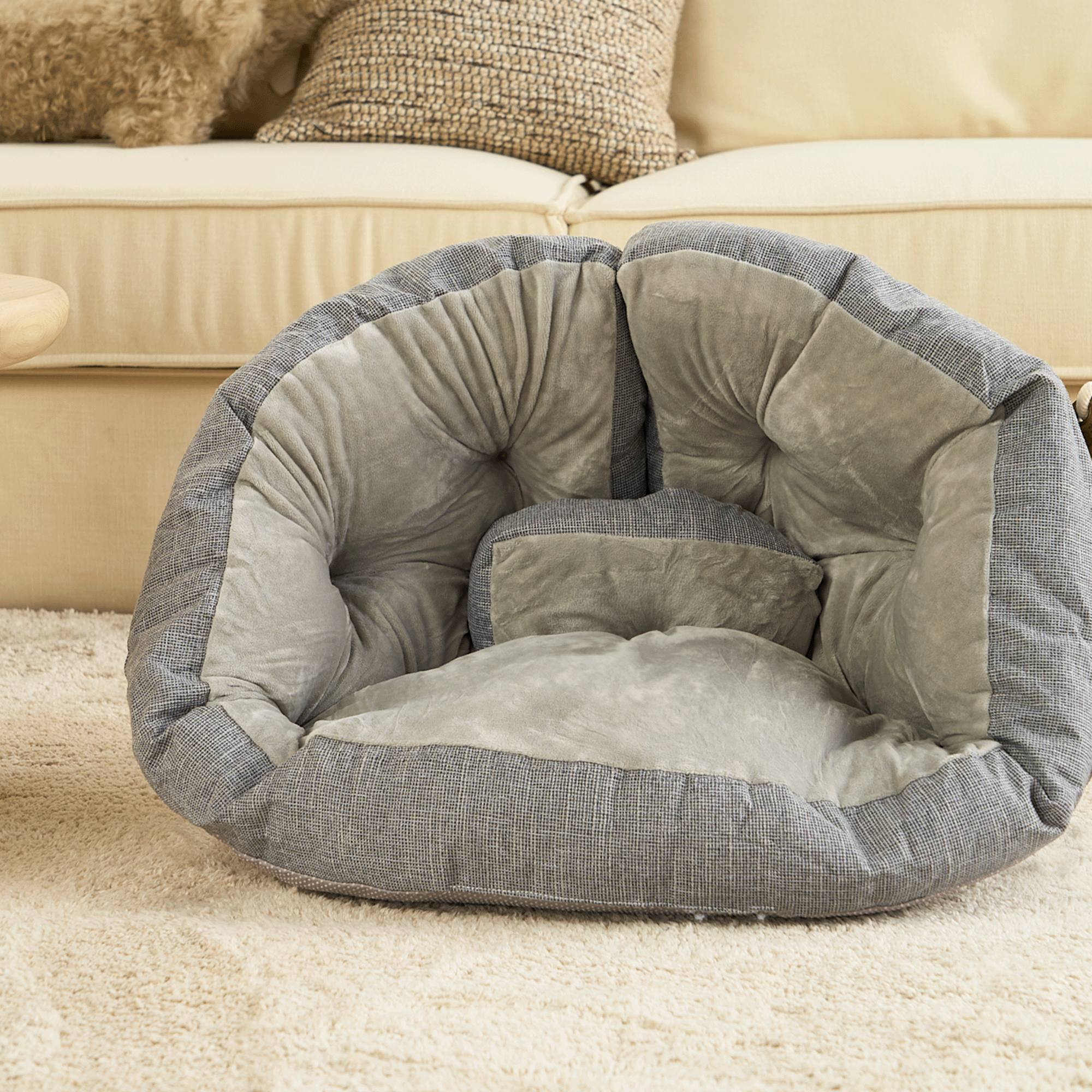 Graues Muschel-Haustierbett aus Stoff auf beigem Teppich vor Sofa im Wohnzimmer.