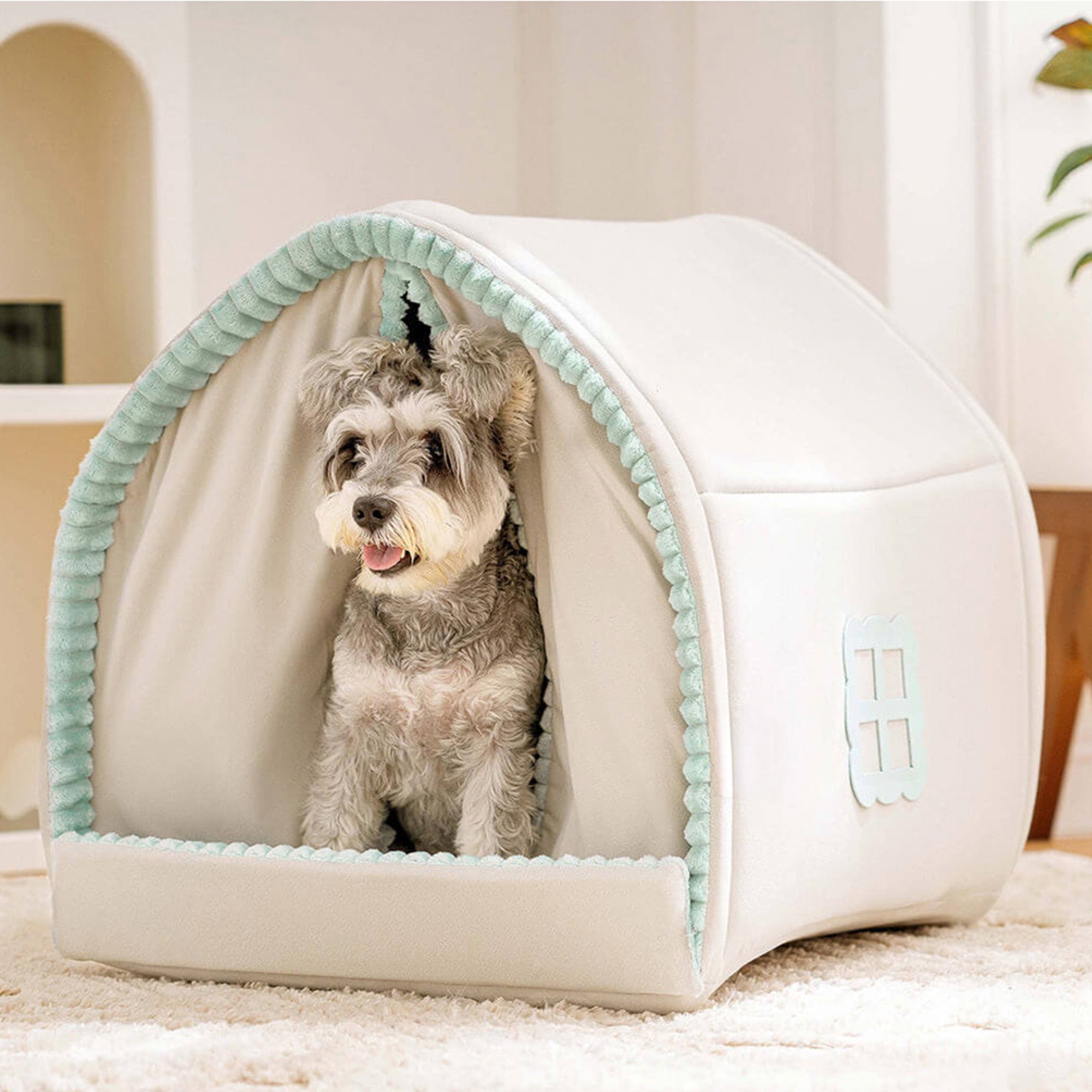 Hund in beigem, geschlossenem Hundebett mit Vorhang, gemütliches Haustierhaus, modernes Design.