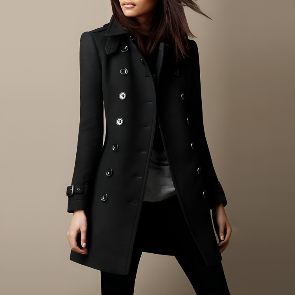 Eleganter schwarzer Damenmantel mit doppelreihiger Knopfleiste, ideal für Herbstmode. Stilvoller Trenchcoat für zeitlose Eleganz und Komfort.