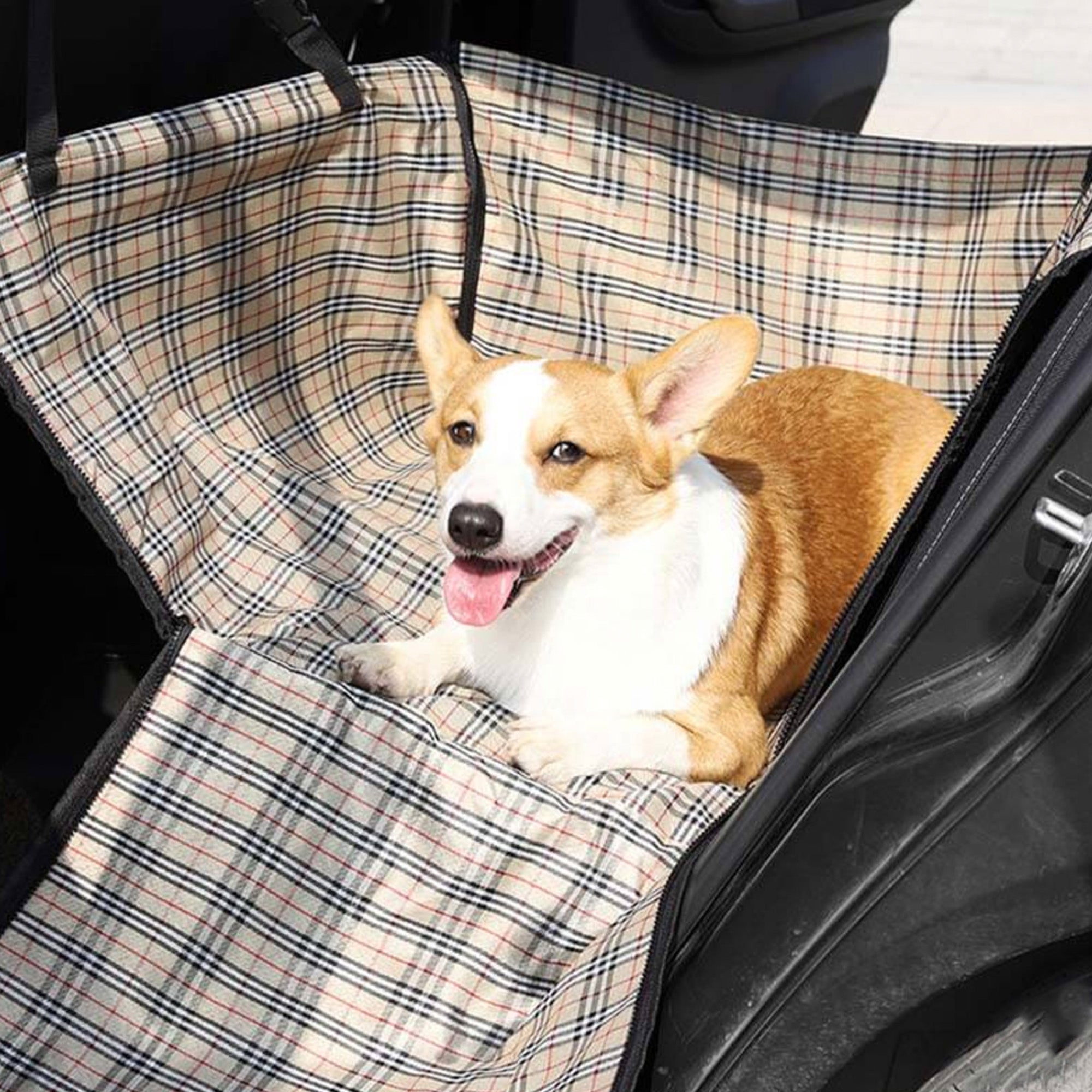 Wasserdichte faltbare Hundedecke für Autositz, kariert, strapazierfähig, beige.