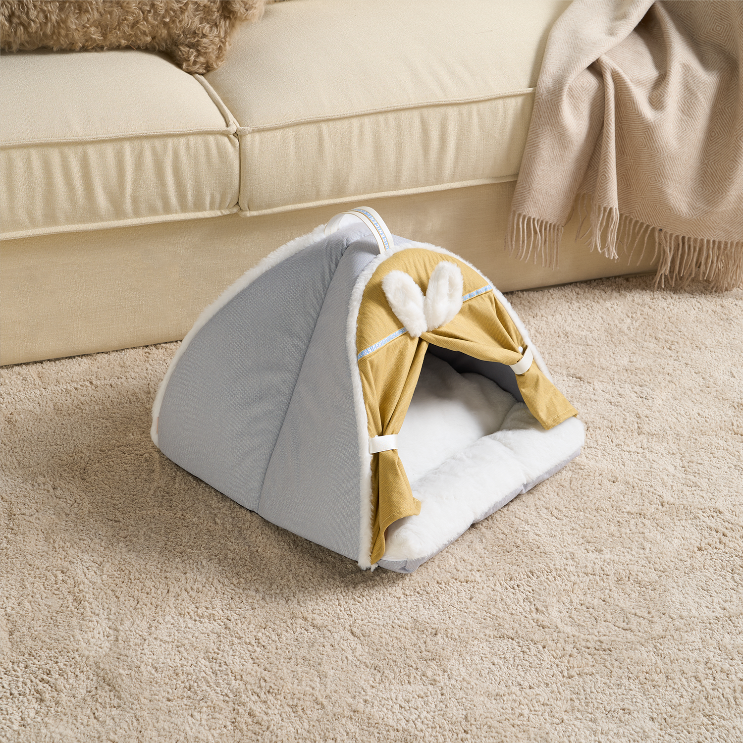 Katzenbett Zeltform, grau-gelb, Plüsch, gemütlich, für Haustiere, Wohnzimmer, modernes Design