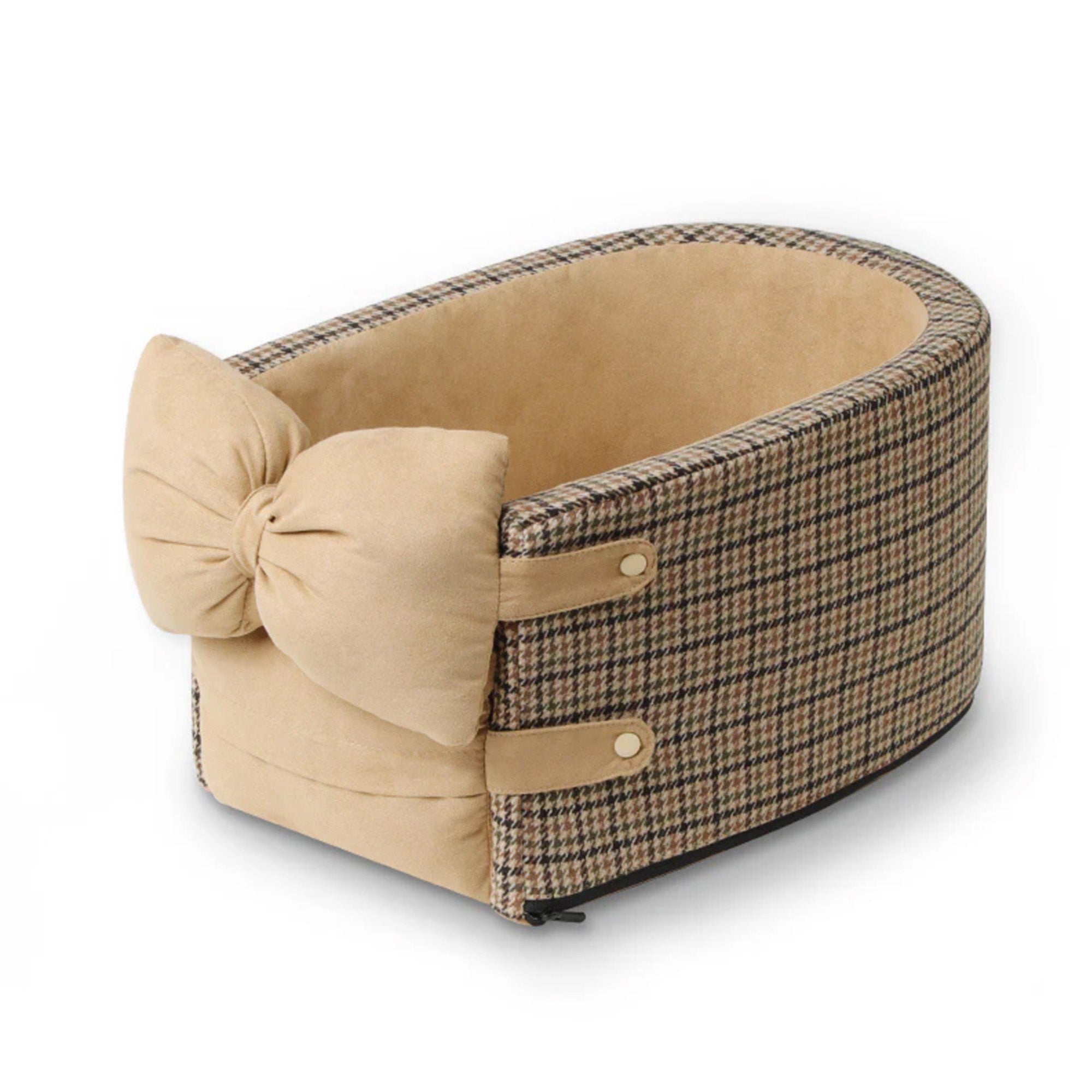 Hundezubehör Hahnentritt-Autositz mit Schleife, beige, stilvoll, sicher, bequem, Haustiertransport.