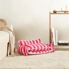Rosa-weiß gestreiftes Katzenbett aus Lammwolle auf Teppich, modernes Wohnzimmer-Design.