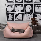 Wasserdichtes orthopädisches Haustiersofa in Rosa mit grauer Katze, modernes Design.