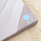 Moderne beige Haustiermatte mit blauem Pfotenabdruck auf Teppichboden.